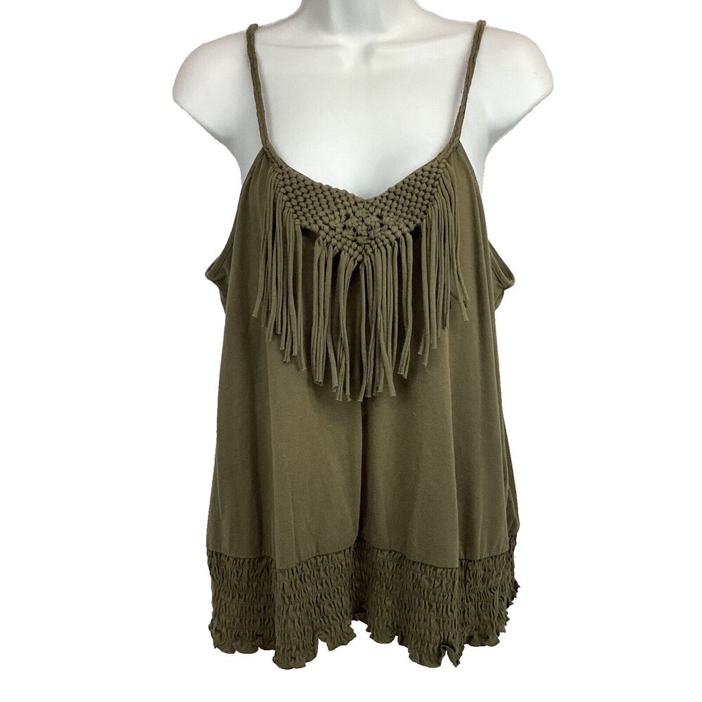 Cato Women Plus 14/16W Green Macrame Fringe Tassel Ruched Tank Top Boho Hippie